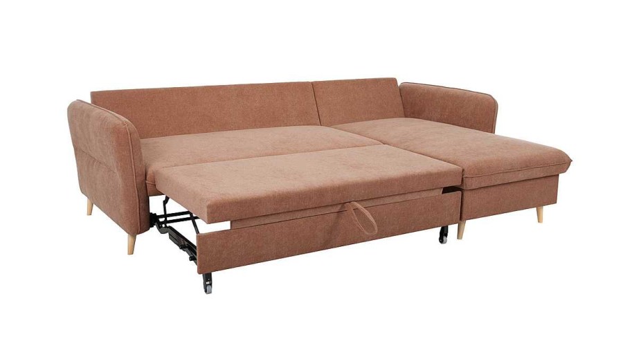 Canap & Fauteuil Miliboo Canap Convertible | Canap D'Angle Convertible R Versible Avec Coffre 3-4 Places En Tissu Terracotta Et Bois Clair Driss