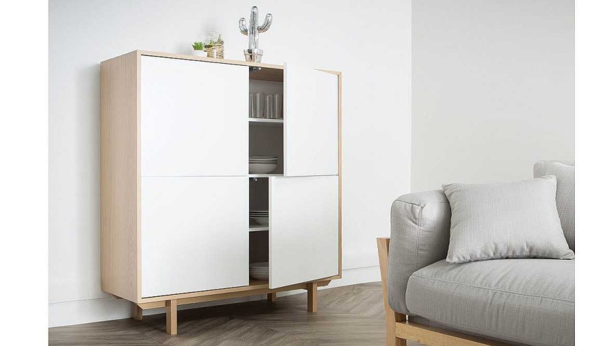 Rangement Miliboo | Buffet Haut Scandinave Bois Et Blanc 4 Portes L110 Cm Sid