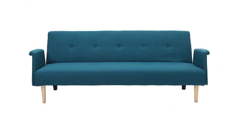 Canap & Fauteuil Miliboo Canap Design | Canap Convertible Scandinave 3 Places En Tissu Bleu Canard Et Bois Clair Oscar