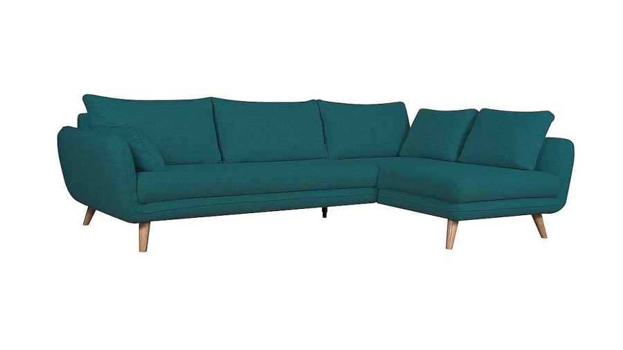 Canap & Fauteuil Miliboo Canap D'Angle | Canap D'Angle Droit Scandinave 5 Places En Tissu Bleu Paon Et Bois Clair Creep