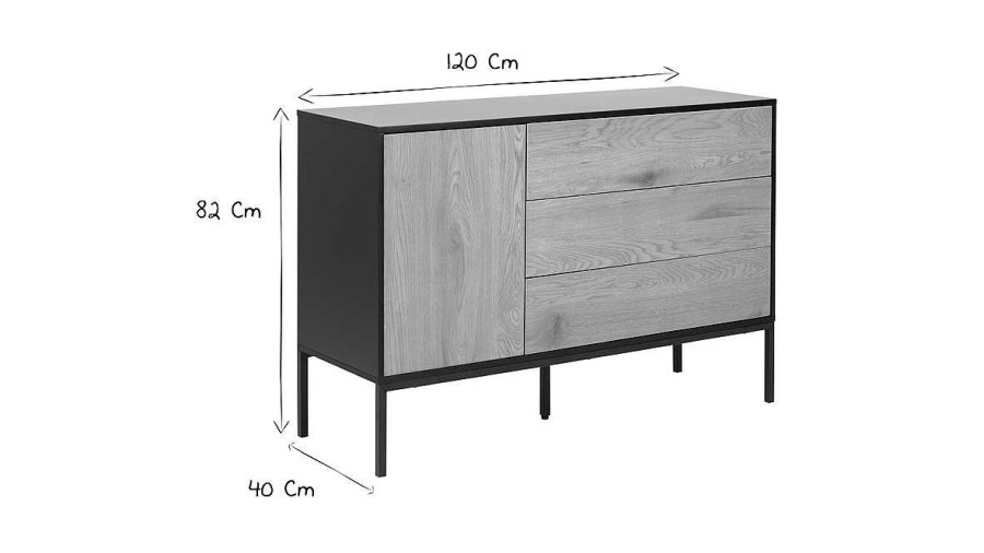 Rangement Miliboo | Buffet Bas Industriel Finition Bois Clair Et M Tal Noir 1 Porte 3 Tiroirs L120 Cm Tresca