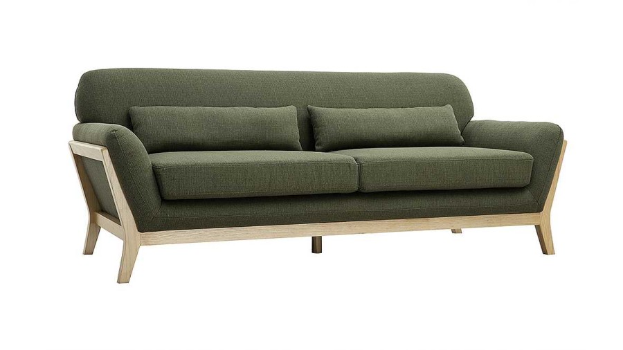 Canap & Fauteuil Miliboo Canap Design | Canap Scandinave 3 Places En Tissu Vert Kaki Et Bois Clair Yoko