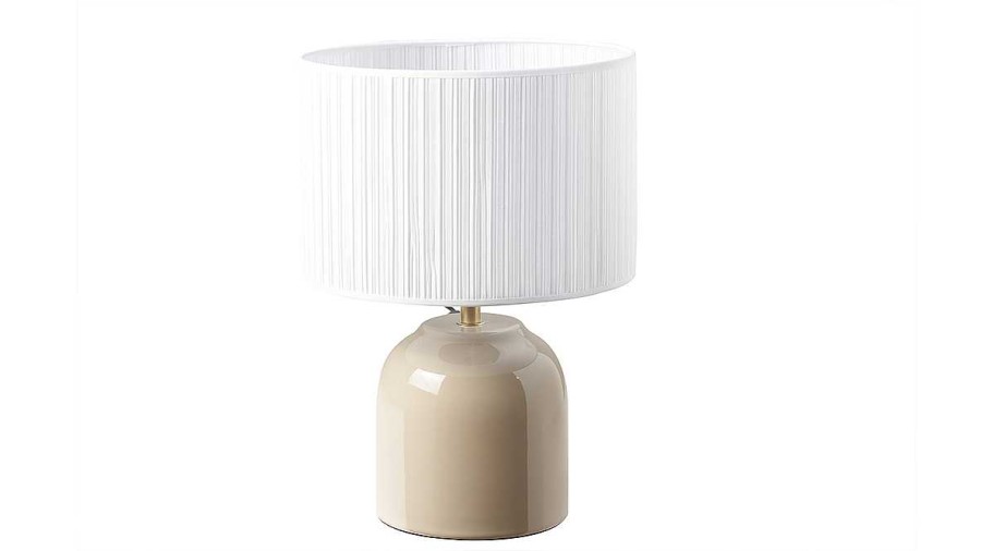 Luminaire Miliboo | Lampe Poser Taupe En C Ramique Brillante Et Abat-Jour En Tissu Pliss Blanc H35 Cm Piega