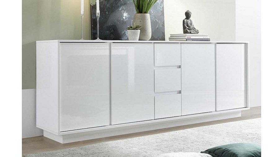 Rangement Miliboo | Buffet Design Blanc Laqu Brillant 4 Portes 3 Tiroirs L210 Cm Como