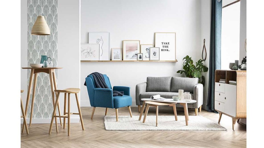 Canap & Fauteuil Miliboo Canap Design | Canap Scandinave 2 Places En Tissu Gris Et Bois Clair Kurt