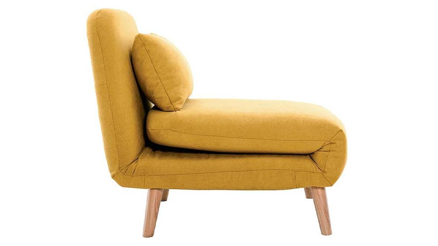 Canap & Fauteuil Miliboo | Fauteuil Convertible Scandinave En Tissu Effet Velours Jaune Moutarde Et Bois Clair Amiko