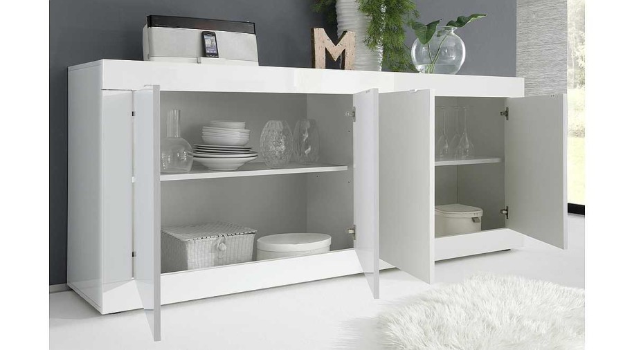 Rangement Miliboo | Buffet Design Blanc Laqu Brillant 4 Portes L207 Cm Latte