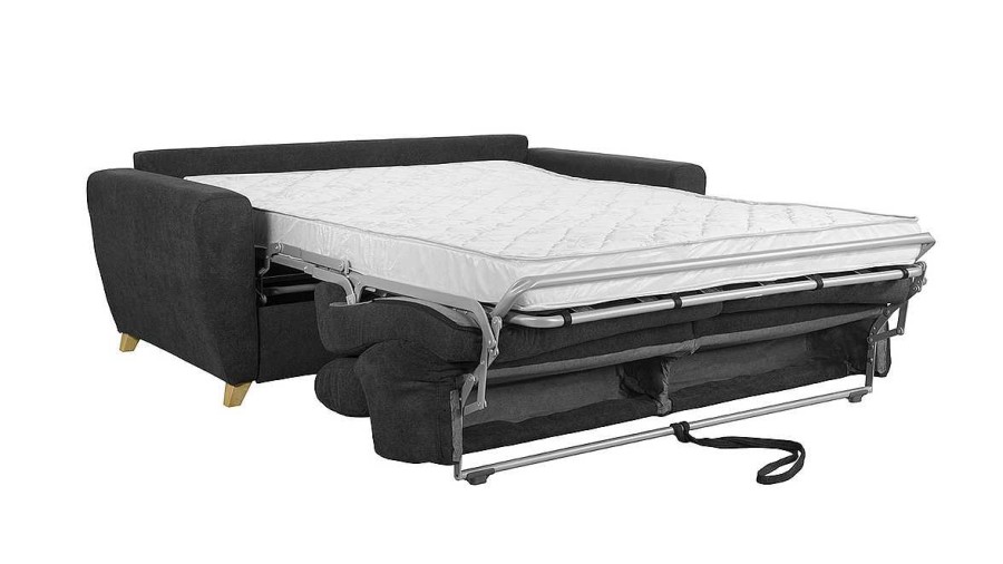 Canap & Fauteuil Miliboo Canap Convertible | Canap Convertible Avec T Ti Res Ajustables 3 Places En Tissu Effet Velours Gris Anthracite Et Bois Clair Avec Matelas 12 Cm Goya