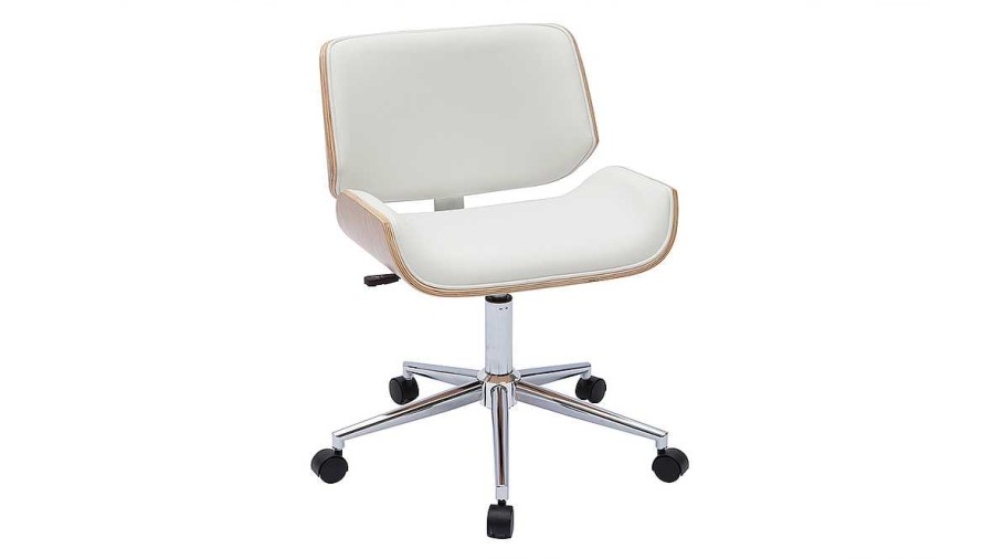 Chaise & Tabouret Miliboo | Chaise De Bureau Roulettes Design Blanc, Bois Clair Et Acier Chrom Rubbens