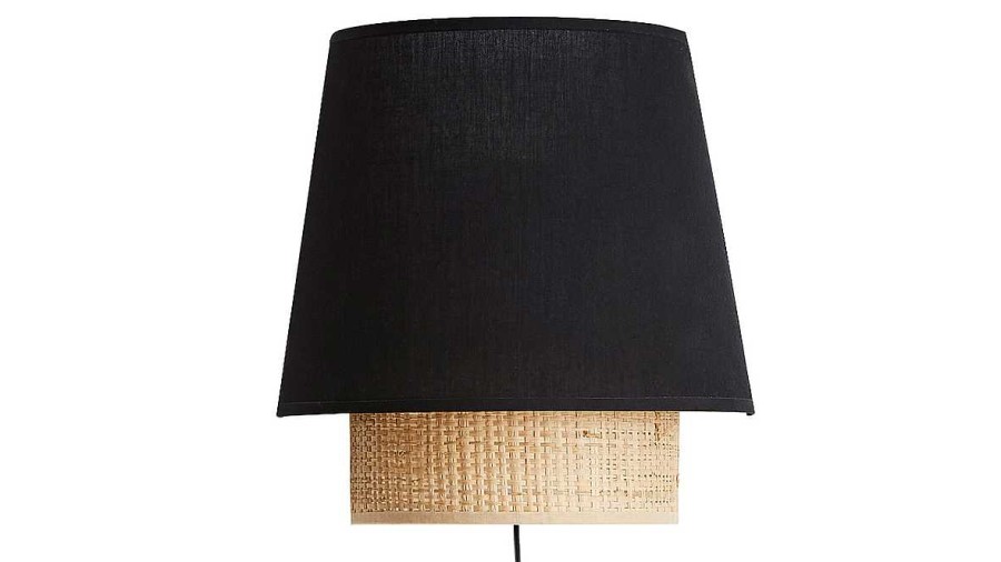 Luminaire Miliboo | Applique Murale Design En Tissu Noir Et Rabane Naturelle H25 Cm Jume