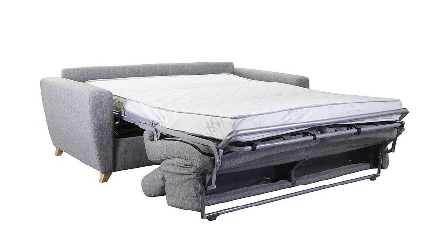 Canap & Fauteuil Miliboo Canap Convertible | Canap Convertible Avec T Ti Res Ajustables 3 Places En Tissu Gris Et Bois Clair Avec Matelas 12 Cm Goya