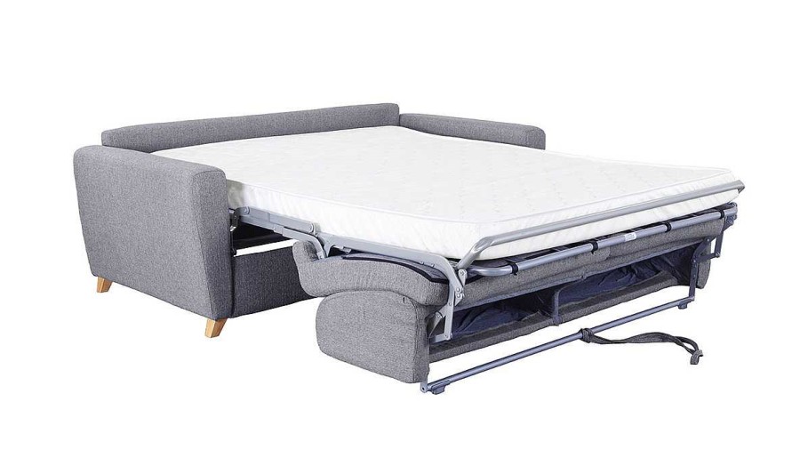 Canap & Fauteuil Miliboo Canap Convertible | Canap Convertible 3 Places En Tissu Gris Clair Et Bois Clair Avec Matelas L140 Cm 12 Cm Graham