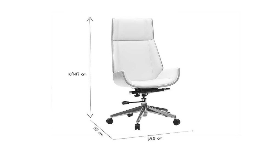 Chaise & Tabouret Miliboo | Fauteuil De Bureau De Direction Design Blanc, Bois Clair Et Acier Chrom Curved