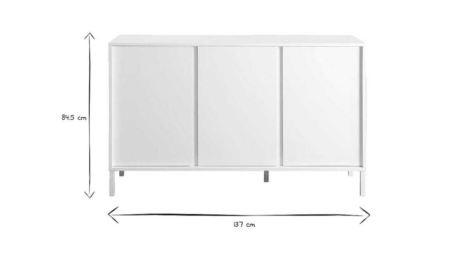 Rangement Miliboo | Buffet Design Blanc Laqu Brillant Et M Tal 3 Portes L137 Cm Miky