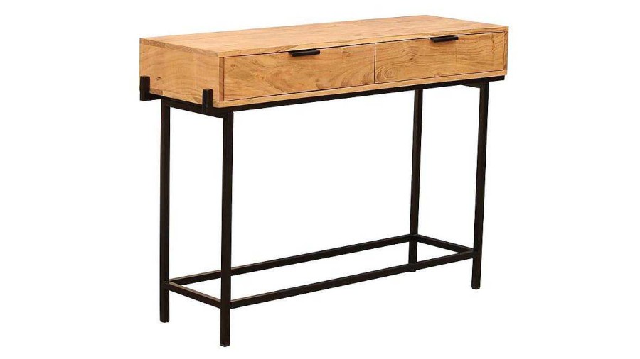 Table Miliboo | Console Avec Rangements 2 Tiroirs En Bois Clair Massif Et M Tal Noir L110 Cm Temuco