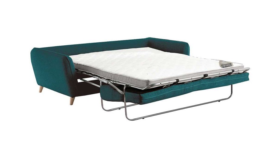 Canap & Fauteuil Miliboo Canap Convertible | Canap Convertible Scandinave 3 Places En Tissu Bleu Paon Et Bois Clair Avec Matelas 10 Cm Creep