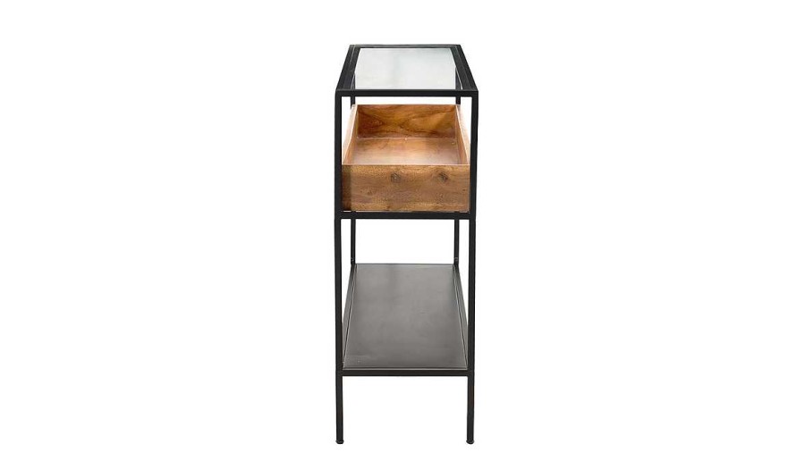 Table Miliboo | Console Avec Plateau En Verre, Rangement En Bois Massif Et M Tal Noir L100 Cm Haora