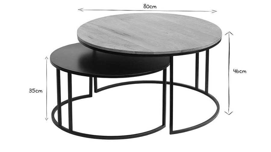 Table Miliboo | Tables Basses Gigognes Rondes Bois Manguier Massif Et M Tal Noir (Lot De 2) Tahl