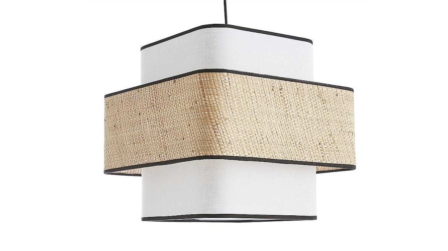 Luminaire Miliboo | Suspension Cube En Tissu Lin Blanc Et Rabane Naturelle L35 Cm Tera