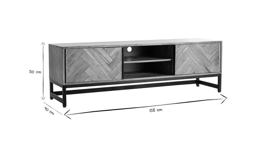 Rangement Miliboo Meuble Tv Design | Meuble Tv Motifs Chevrons En Bois Massif Et M Tal Noir L158 Cm Stick