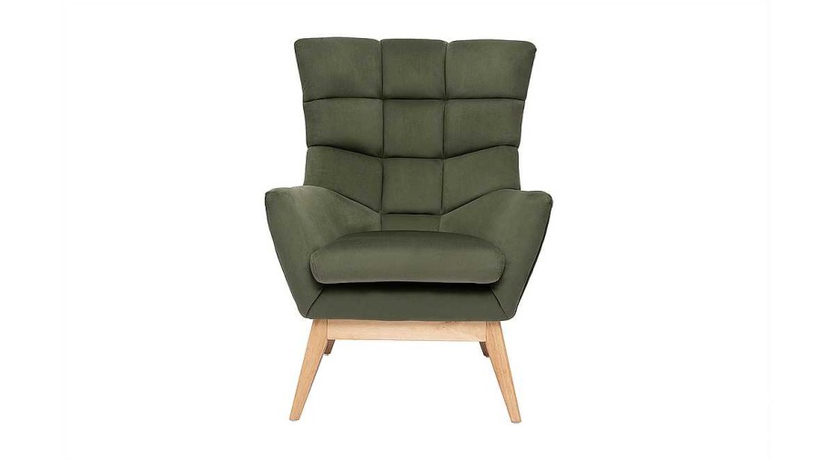 Canap & Fauteuil Miliboo Fauteuil Design | Fauteuil Scandinave En Tissu Effet Velours Kaki Et Bois Clair Brody