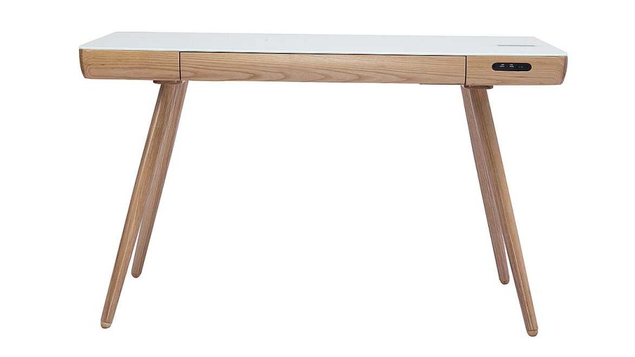 Bureau Miliboo Bureau Design | Bureau Connect Multim Dia Avec Tiroir En Verre Et Bois Clair L120 Cm Clever