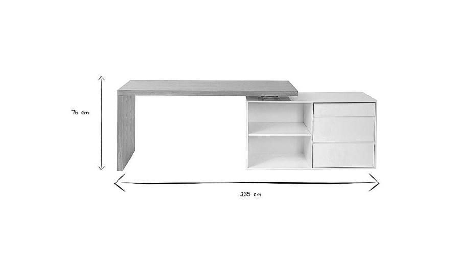 Bureau Miliboo Bureau Design | Bureau Modulable Design Blanc Brillant Et Bois Clair Fr Ne L160-235 Cm New Max