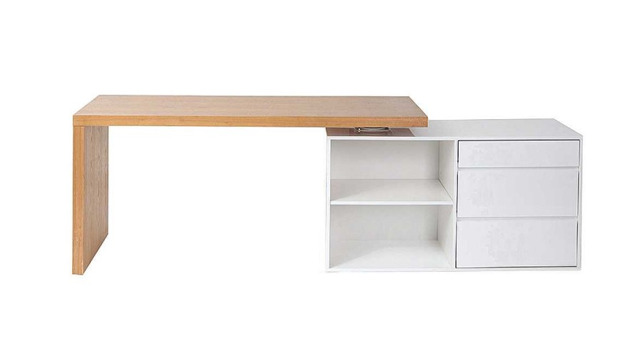 Bureau Miliboo Bureau Design | Bureau Modulable Design Blanc Brillant Et Bois Clair Fr Ne L160-235 Cm New Max