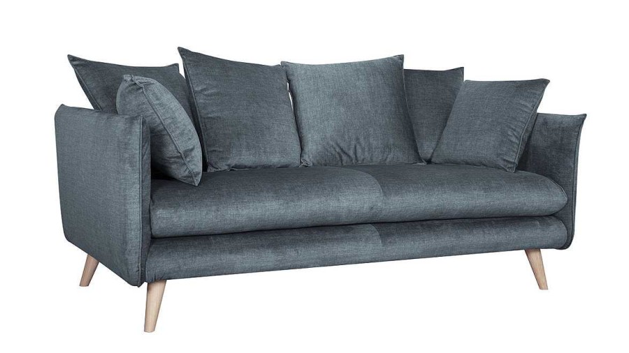 Canap & Fauteuil Miliboo Canap Design | Canap Scandinave 3 Places En Tissu Velours Bleu Gris Et Bois Clair Olympia