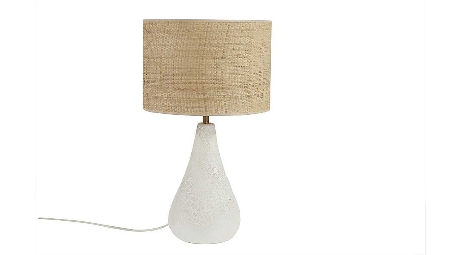 Luminaire Miliboo | Lampe Poser Blanche En C Ramique Effet Pierre Et Abat-Jour En Raphia H49 Cm Pyrus