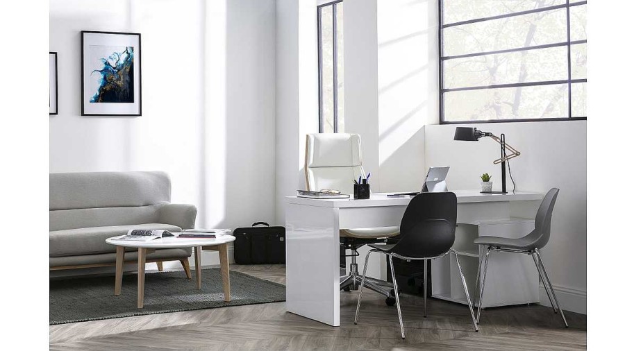 Chaise & Tabouret Miliboo | Fauteuil De Bureau De Direction Design Blanc, Bois Clair Et Acier Chrom Curved