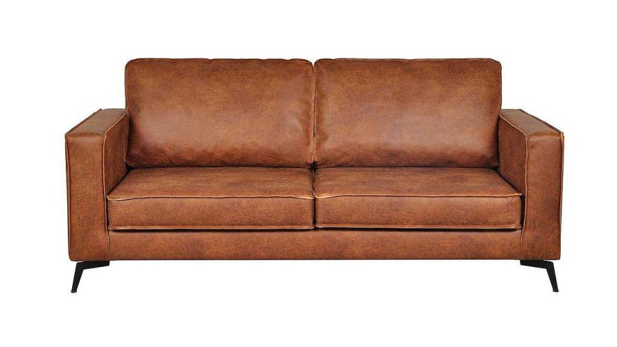 Canap & Fauteuil Miliboo Canap Cuir | Canap Vintage 3 Places Cuir Marron Cognac Aspect Vieilli Et M Tal Noir Sonny