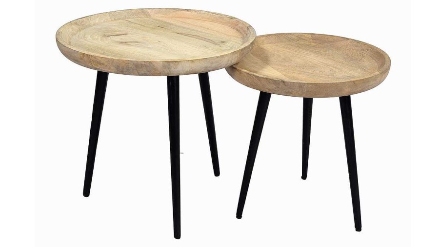 Table Miliboo | Tables Basses Gigognes Rondes Bois Manguier Massif Et M Tal Noir (Lot De 2) Pyta