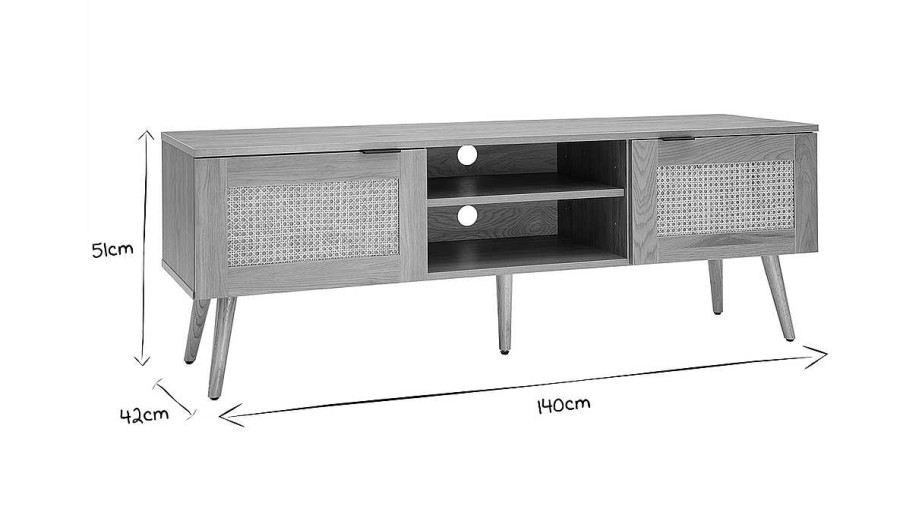 Rangement Miliboo Meuble Tv Design | Meuble Tv Bois Clair, Cannage Rotin Et M Tal Noir 2 Portes L140 Cm Manille