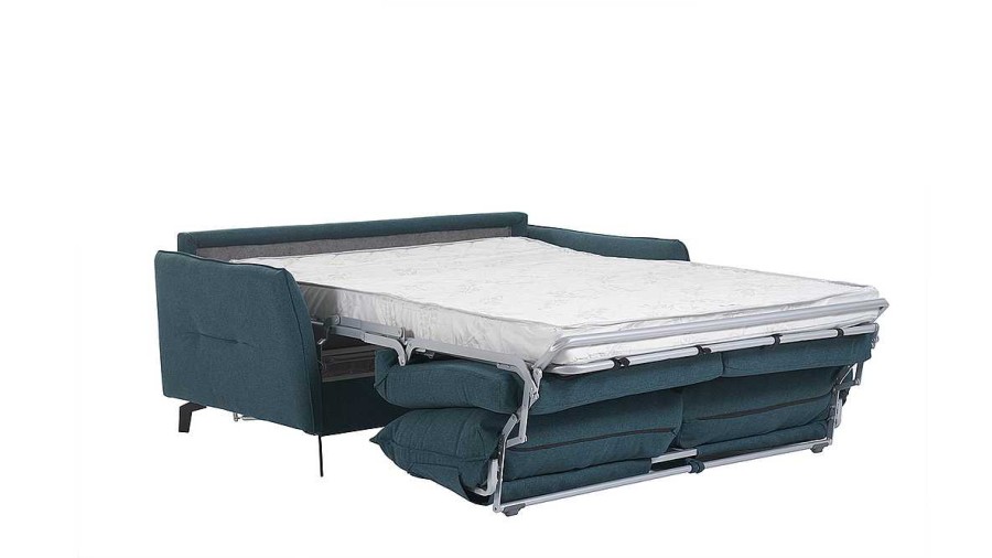 Canap & Fauteuil Miliboo Canap Convertible | Canap Convertible Design 3 Places En Tissu Bleu Canard Et M Tal Noir Avec Matelas 12 Cm Liam