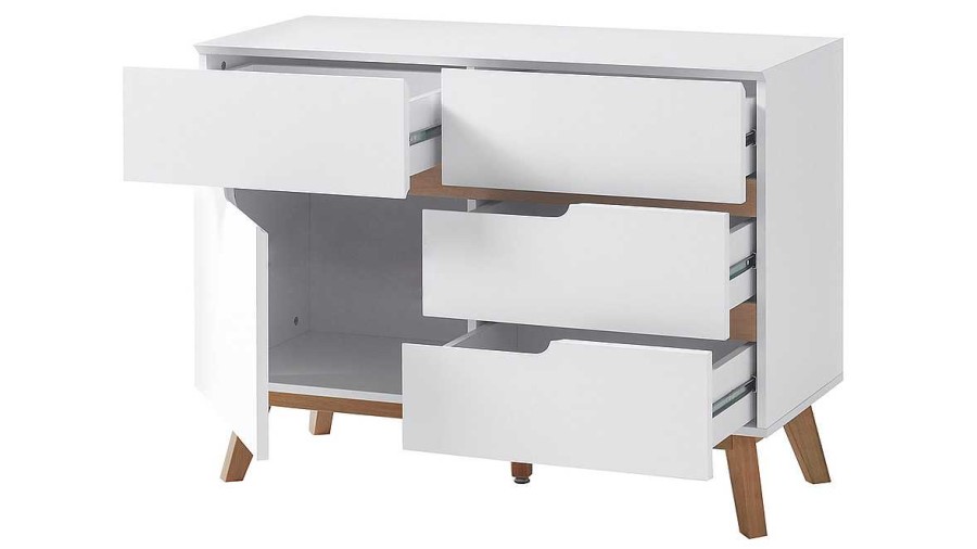 Rangement Miliboo | Buffet Scandinave Blanc Mat Et Bois Clair 1 Porte 4 Tiroirs L97 Cm Skive