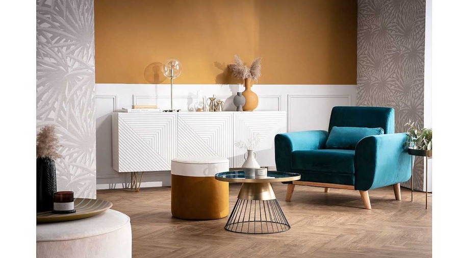 Canap & Fauteuil Miliboo Fauteuil Design | Fauteuil Scandinave En Tissu Effet Velours Jaune Moutarde Et Bois Clair Ektor