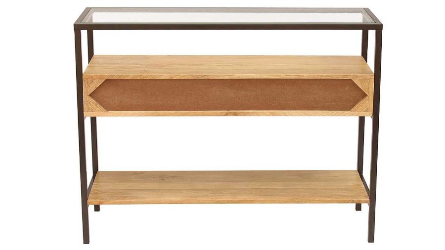 Table Miliboo | Console En Bois Manguier Massif Et Plateau En Verre 2 Tiroirs L100 Cm Sita