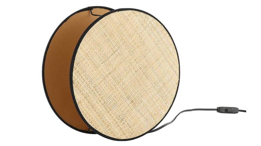 Luminaire Miliboo | Lampe Poser Ronde Bi-Mati Re En Tissu Velours Jaune Moutarde Et Rabane Naturelle D35 Cm Verso