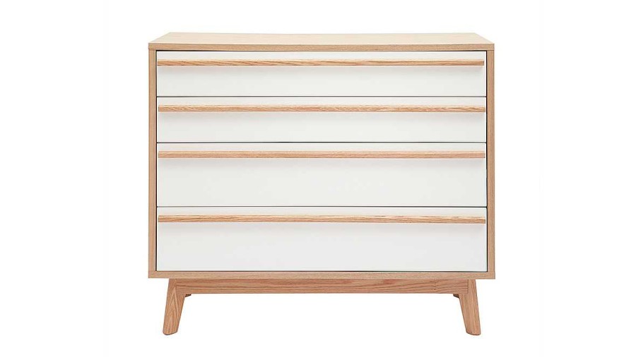 Rangement Miliboo | Commode Scandinave Blanc Mat Et Bois 4 Tiroirs L90 Cm Helia