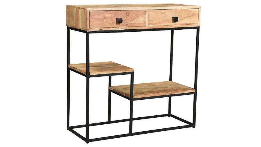 Bureau Miliboo | Console Avec Rangements 2 Tiroirs En Bois Massif Et M Tal Noir L80 Cm Grenelle