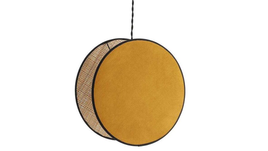 Luminaire Miliboo | Suspension Ronde Bi-Mati Re En Tissu Velours Jaune Moutarde Et Rabane Naturelle D35 Cm Verso