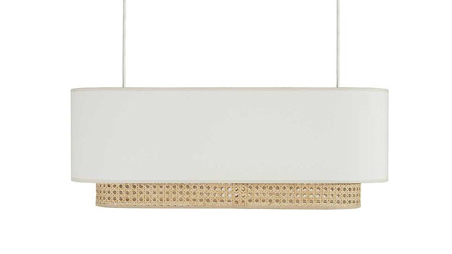 Luminaire Miliboo | Abat-Jour Pour Suspension Double En Tissu Blanc Et Cannage Rotin Naturel L62 Cm Tiwy