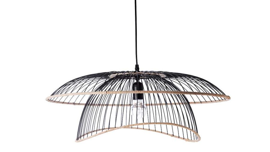 Luminaire Miliboo | Suspension En M Tal Noir Et Rotin Naturel D64 Cm Steam