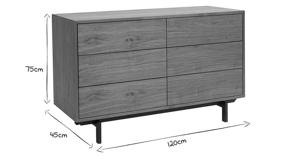 Rangement Miliboo | Commode Vintage Bois Fonc Noyer Et M Tal Noir 6 Tiroirs L120 Cm Manny