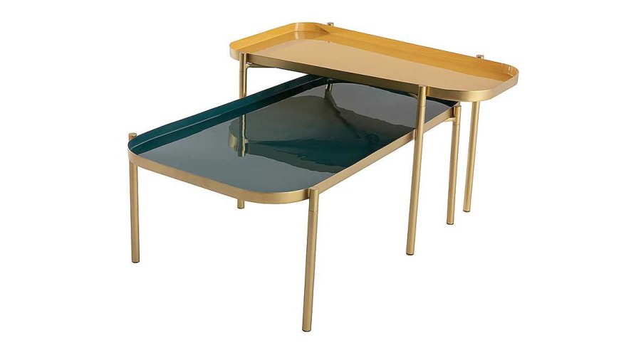 Table Miliboo | Tables Basses Gigognes Design Laqu Es Bleu, Jaune Et Dor (Lot De 2) Zuria