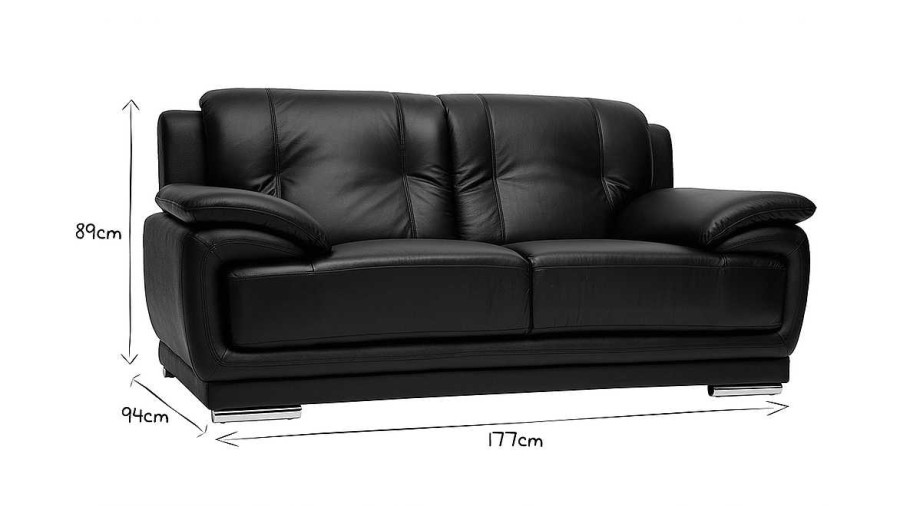 Canap & Fauteuil Miliboo Canap Cuir | Canap Design 2 Places En Cuir Noir Et Acier Chrom Tamara