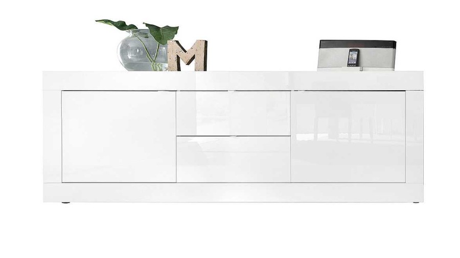 Rangement Miliboo | Buffet Design Blanc Laqu Brillant Avec Tiroirs L210 Cm Latte