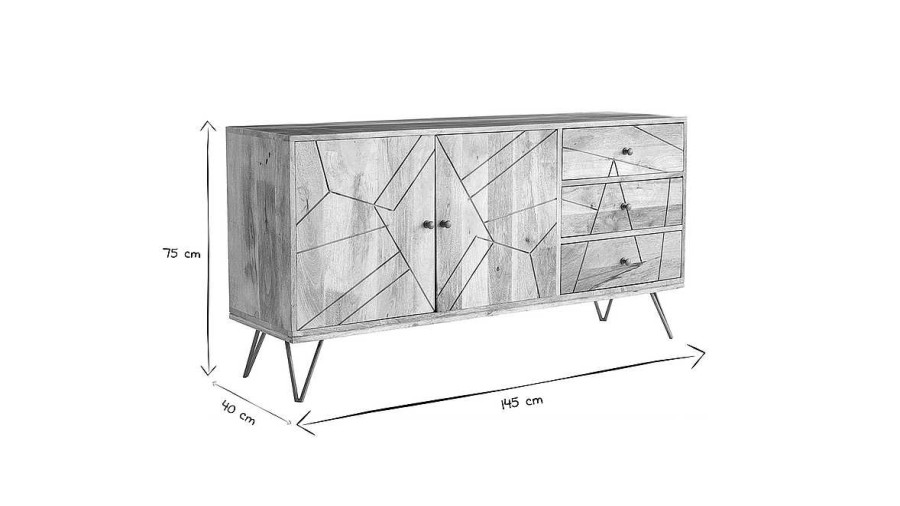 Rangement Miliboo | Buffet Grav En Bois Manguier Massif Et M Tal Dor 2 Portes 3 Tiroirs L145 Cm Linium