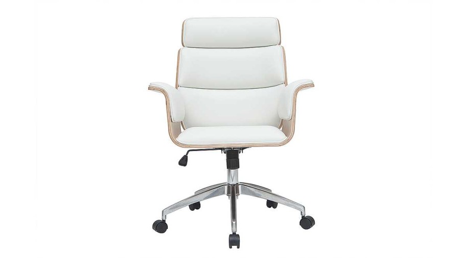 Chaise & Tabouret Miliboo | Fauteuil De Bureau Roulettes Design Blanc, Bois Clair Et Acier Chrom Elon